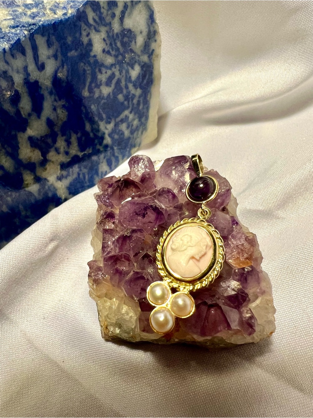 Victorian Pendant “Rossana Italy” 14k G/carved pink coral/Amethyst/pearls gemsto